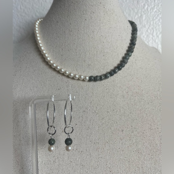 Sterling Silver Pearl & Zebra stone Necklace & hoop earring set. Handmade